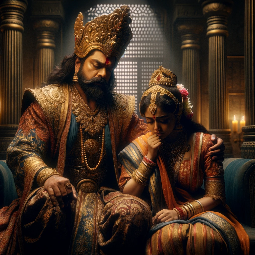 Dasharatha Consoles Kaikeyi in the Sulking Chamber